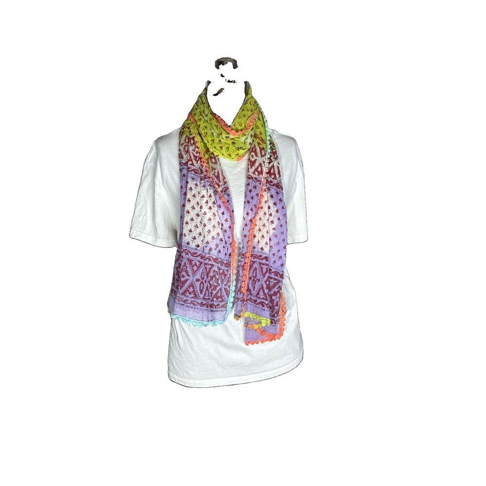 Sudha 100% Cotton Colorful Batik Long Scarf Boho Chic Heritage Folk Eclectic